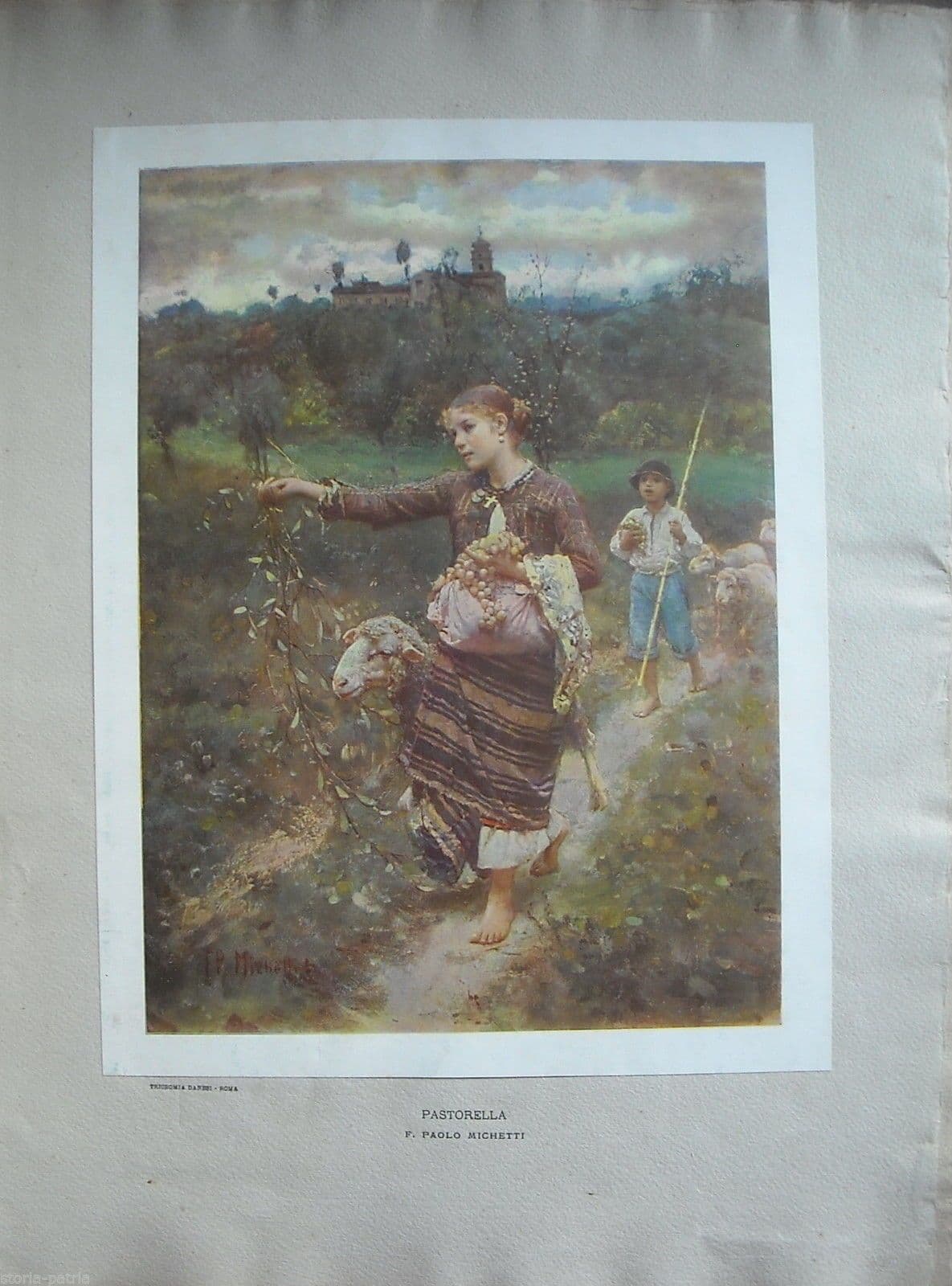 Francesco Paolo Michetti: Pastorella. Stampa Antica, Tricromia Danesi, Roma, Primo Novecento.