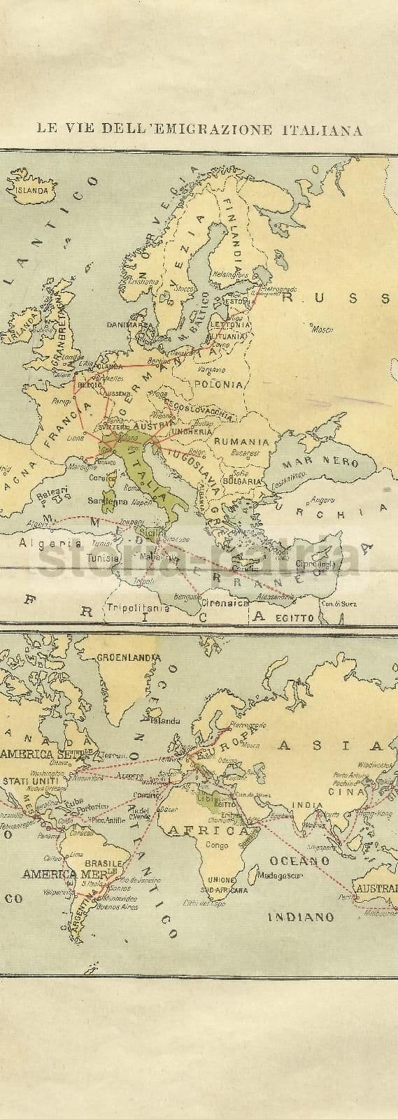 Mappa Antica Dell'Emigrazione Italiana Verso Le Americhe E L'Australia, 1930