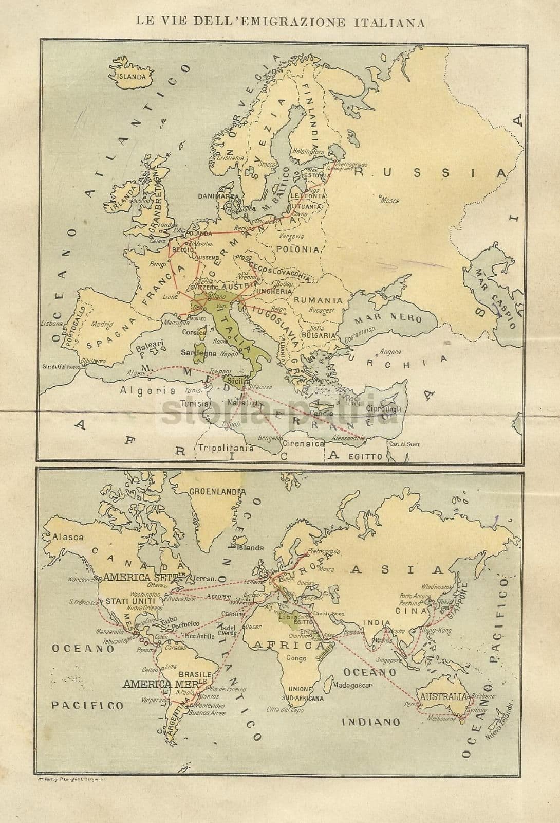 Mappa Antica Dell'Emigrazione Italiana Verso Le Americhe E L'Australia, 1930