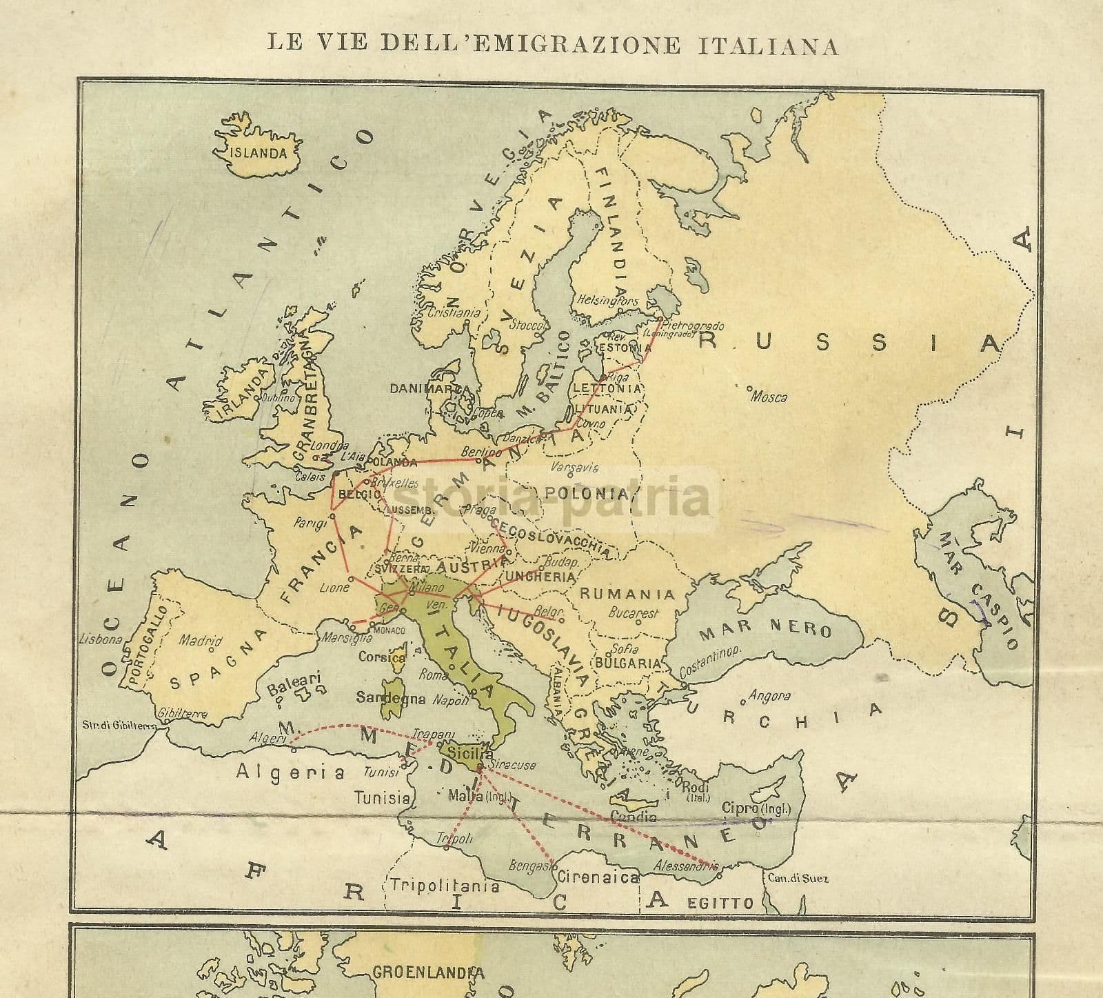 Mappa Antica Dell'Emigrazione Italiana Verso Le Americhe E L'Australia, 1930