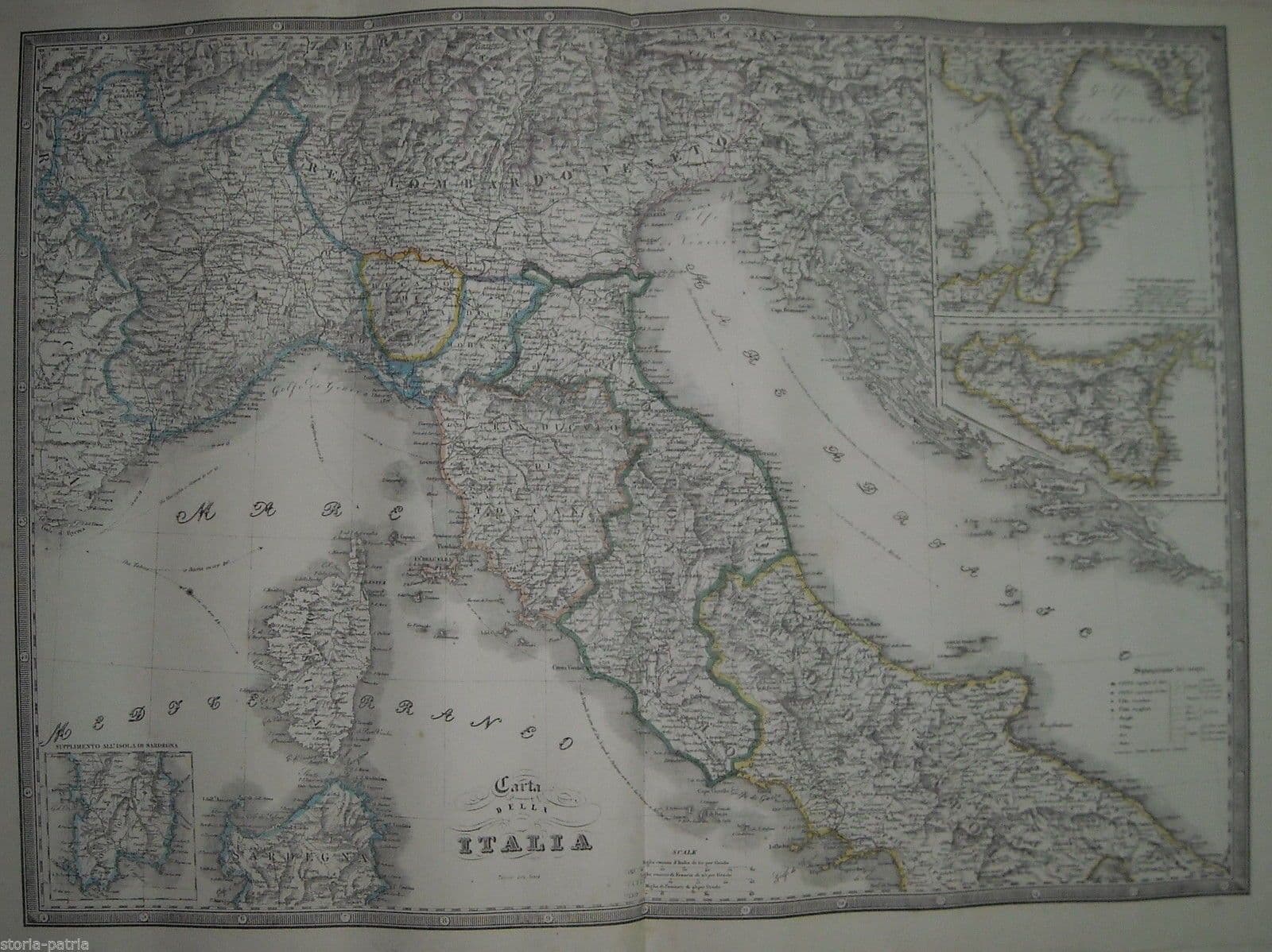 Antica Mappa d'Italia Del 1850 Circa, Litografia Di Iunck Con Sicilia, Sardegna E Corsica
