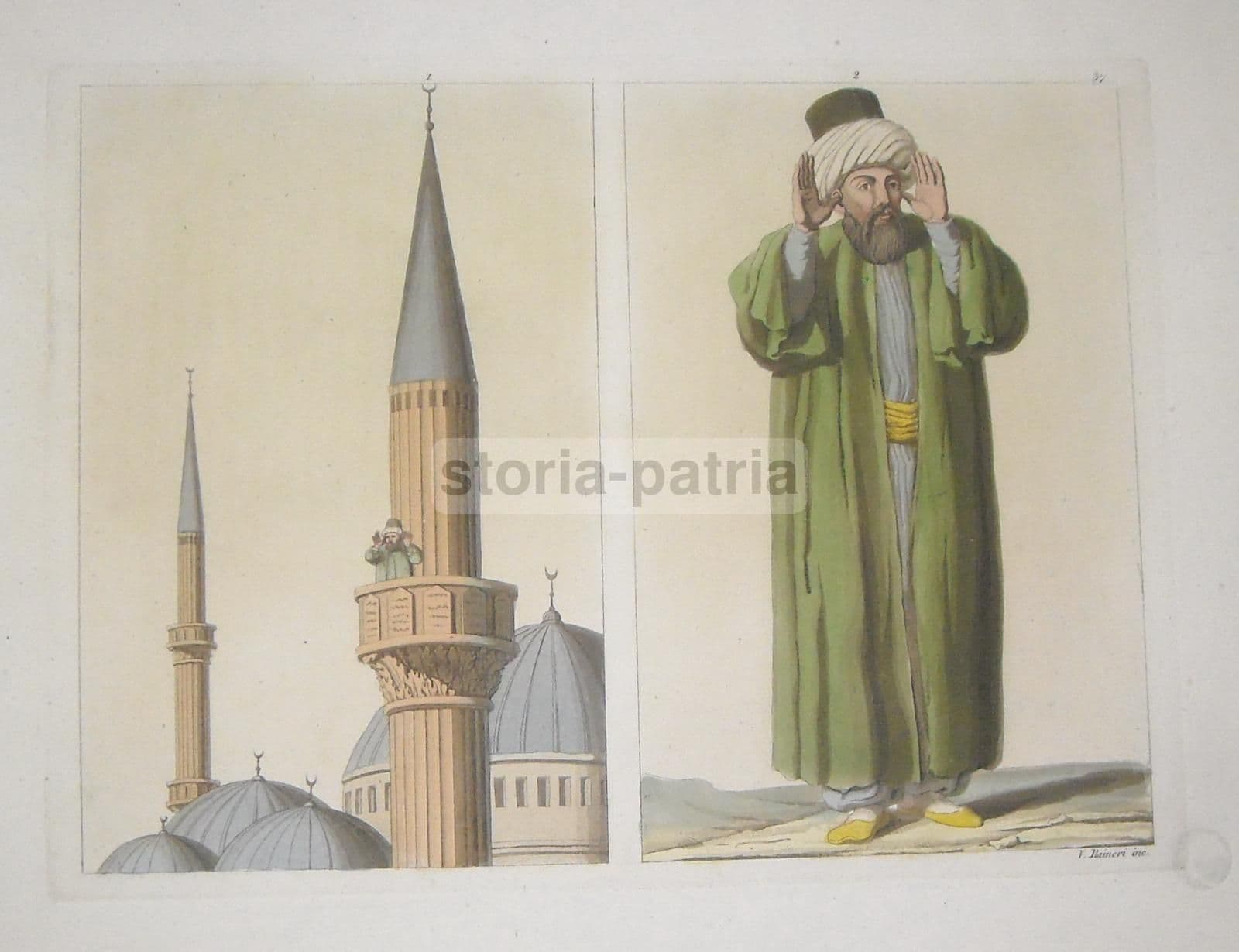 Antica Incisione Raffigurante Una Moschea Con Muezzin, Opera Di V. Raineri, Prima Metà Dell'Ottocento, Acquerellata A Mano