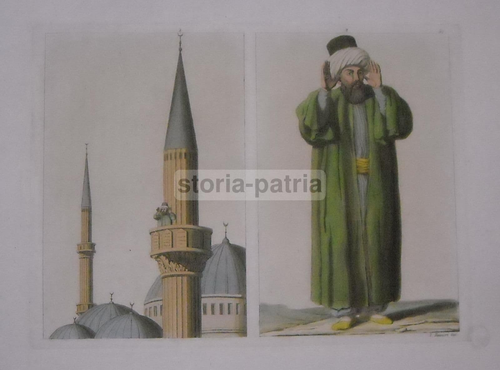 Antica Incisione Raffigurante Una Moschea Con Muezzin, Opera Di V. Raineri, Prima Metà Dell'Ottocento, Acquerellata A Mano