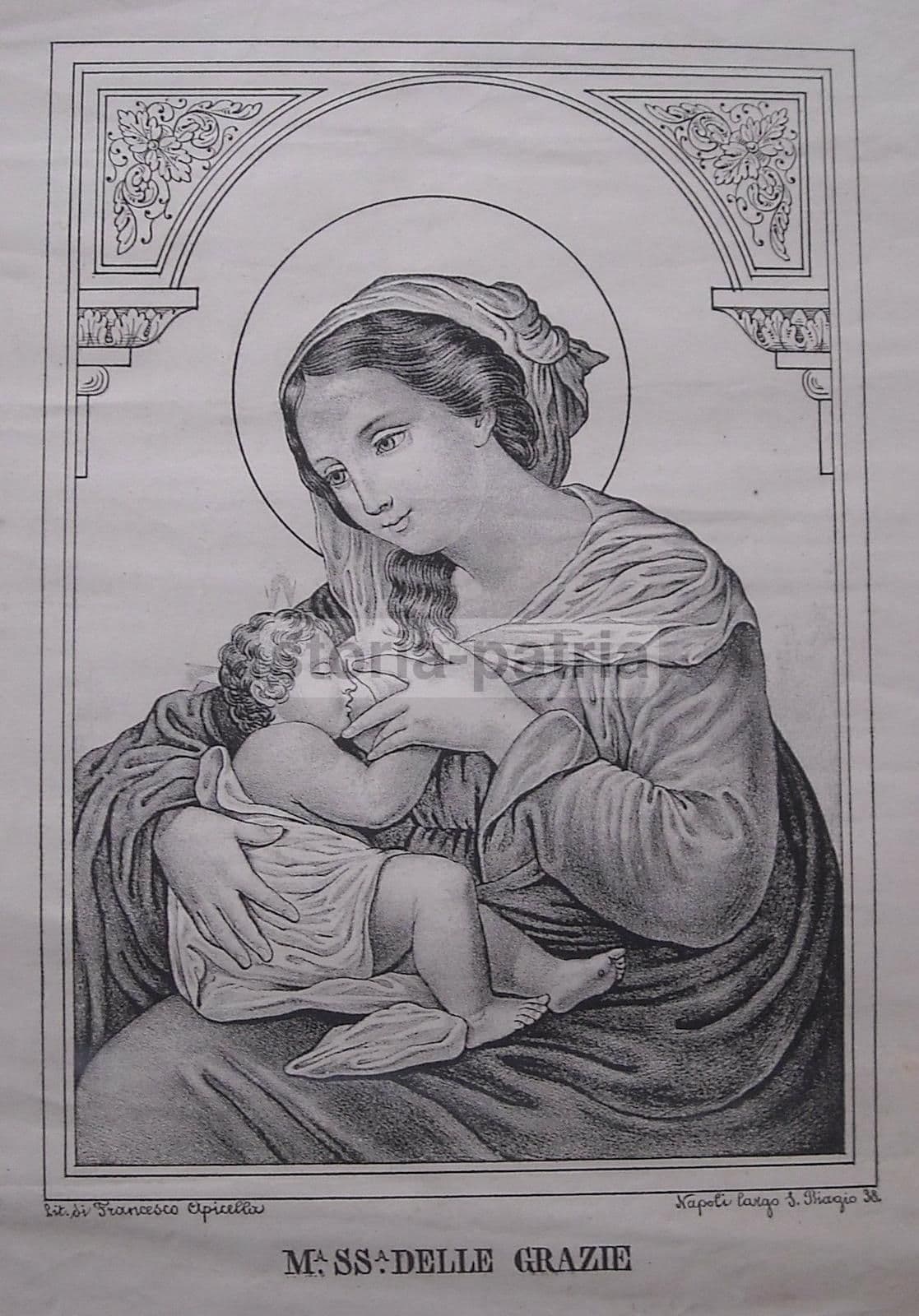 Stampa Litografica Madonna Delle Grazie, Allattamento, Napoli, XIX Secolo