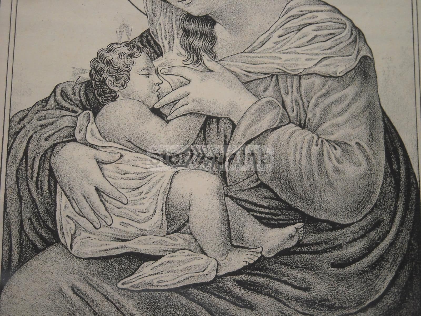 Stampa Litografica Madonna Delle Grazie, Allattamento, Napoli, XIX Secolo