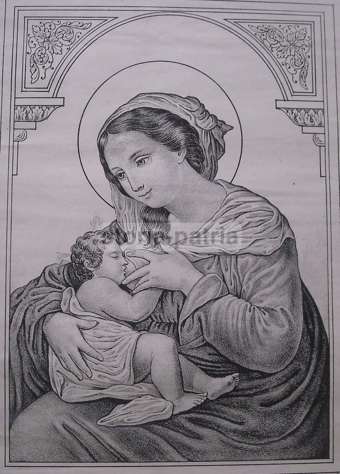 Stampa Litografica Madonna Delle Grazie, Allattamento, Napoli, XIX Secolo