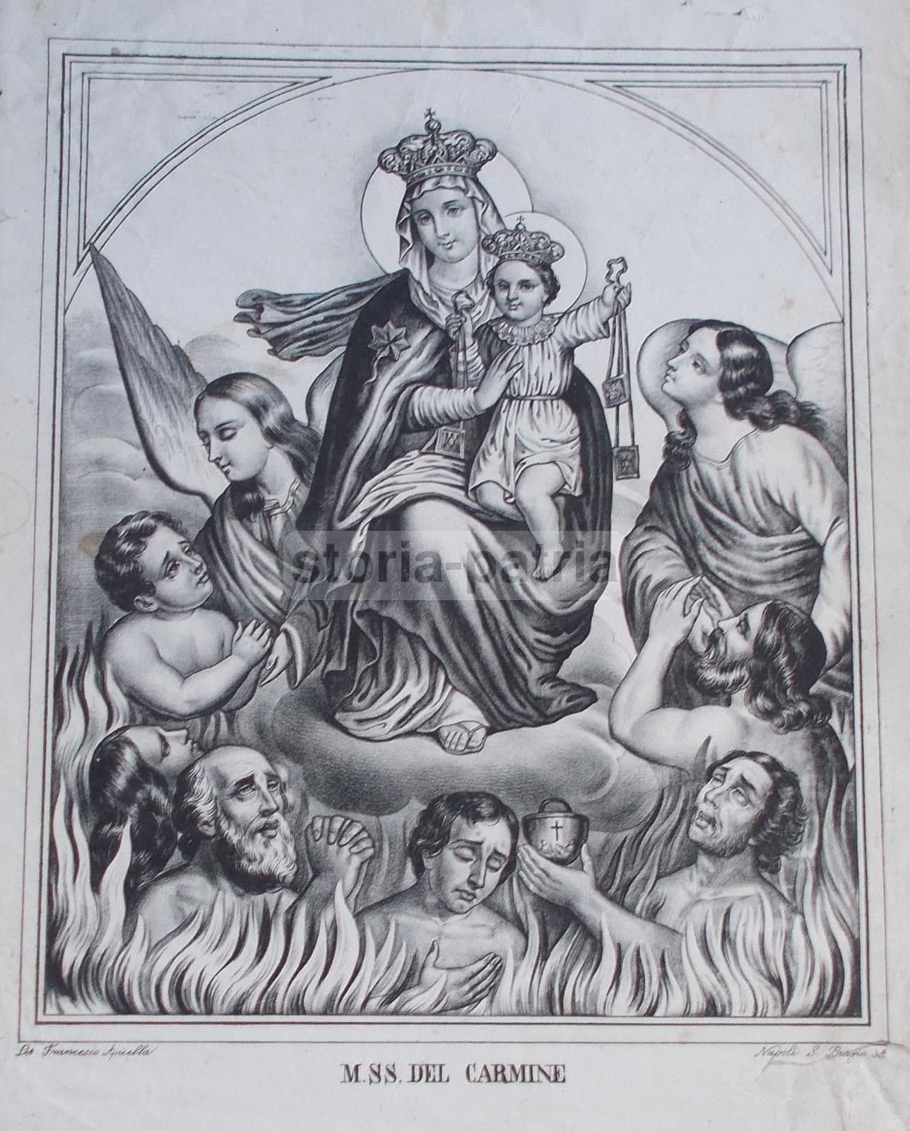 Stampa Litografica Madonna Del Carmine Napoli Francesco Apicella Ottocento