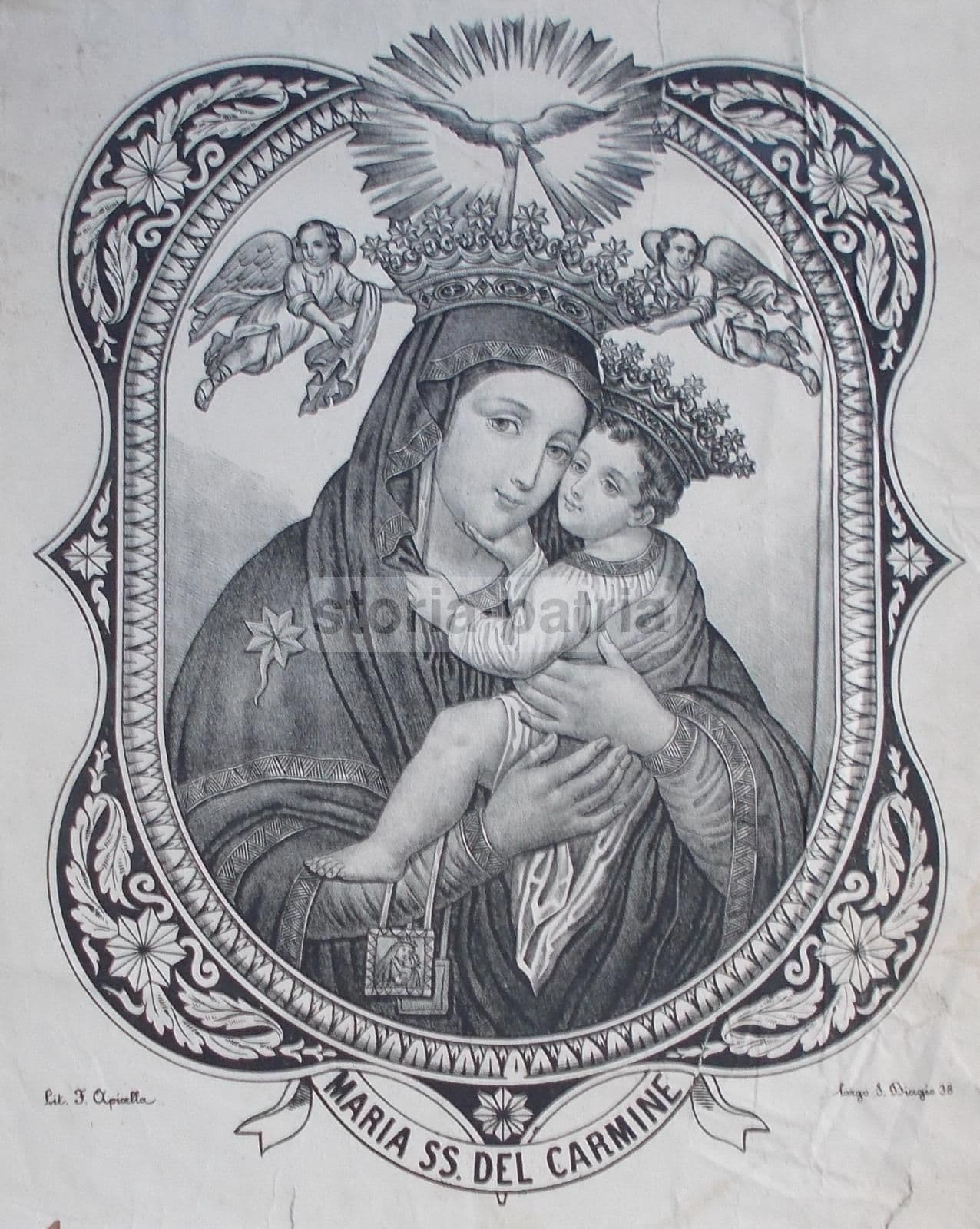 Stampa Litografica Madonna Del Carmine, Napoli, Francesco Apicella, XIX Secolo