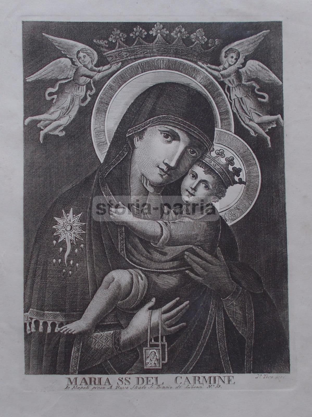 Stampa Devozionale Madonna Del Carmine, Napoli, Stamperia Russo, XIX Secolo