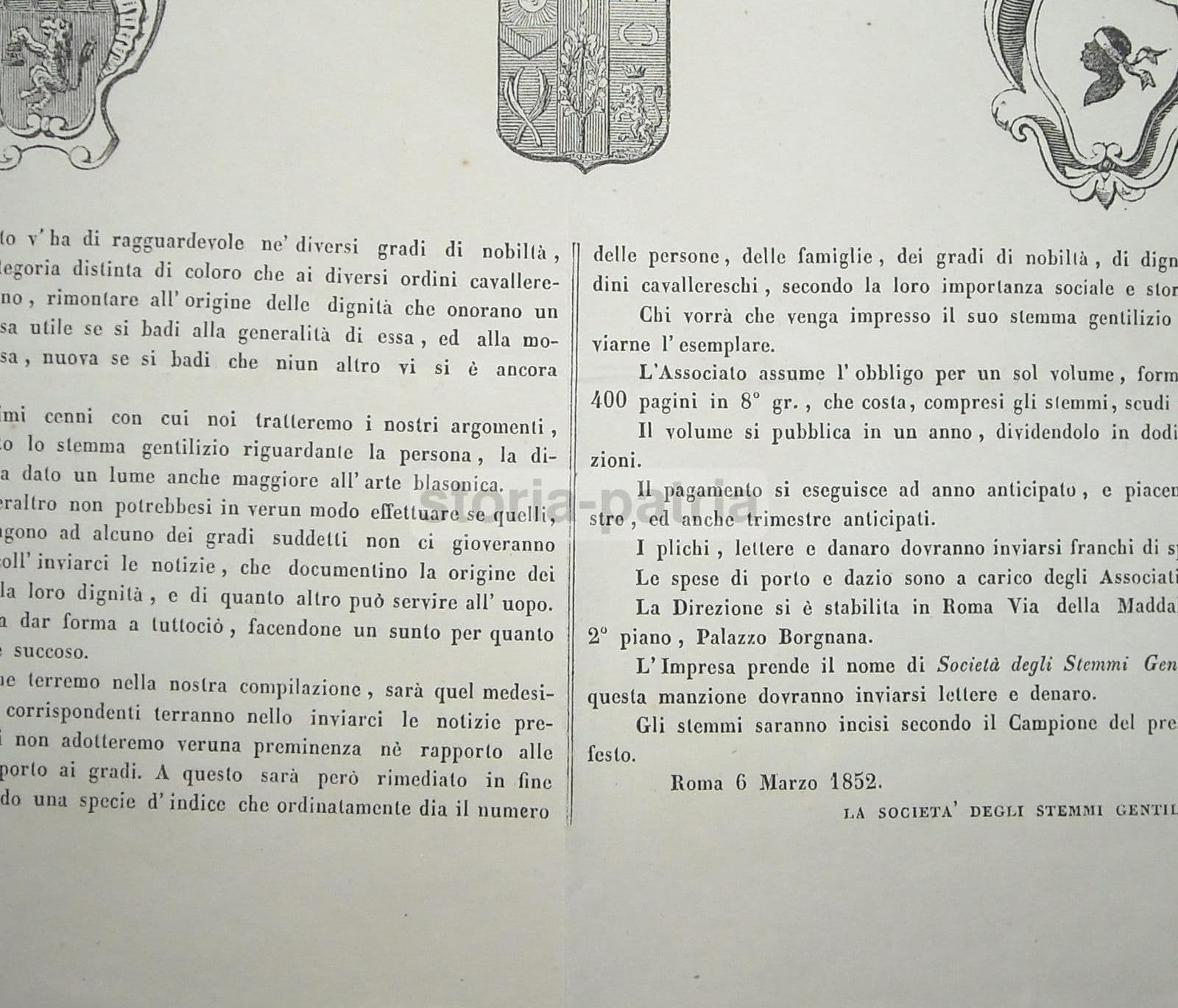 Foglio Volante Araldico: Stemmi Gentilizi E Nobiltà, Roma 1852