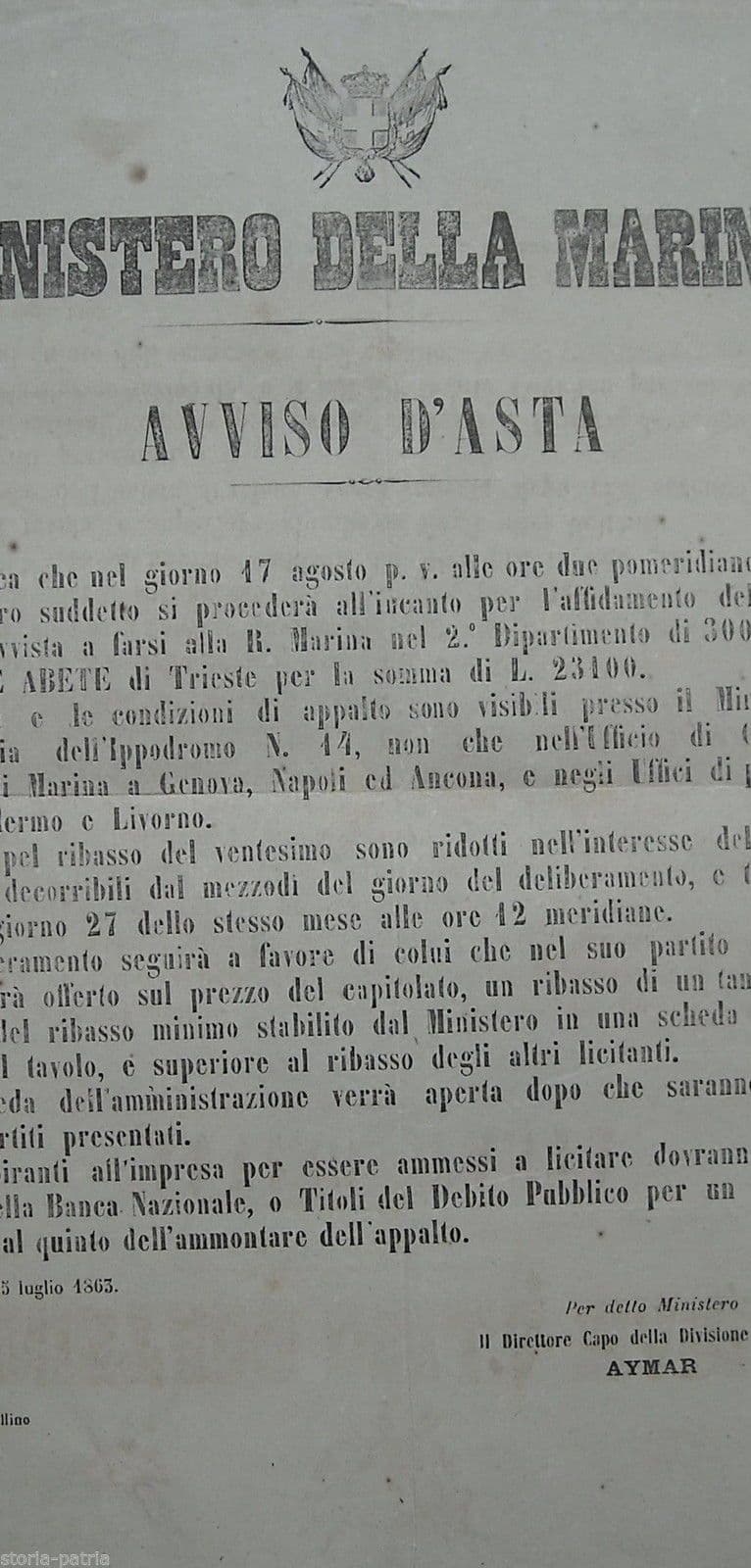 Manifesto Asta Marina 1863 Araldica Savoia Torino Legna Trieste