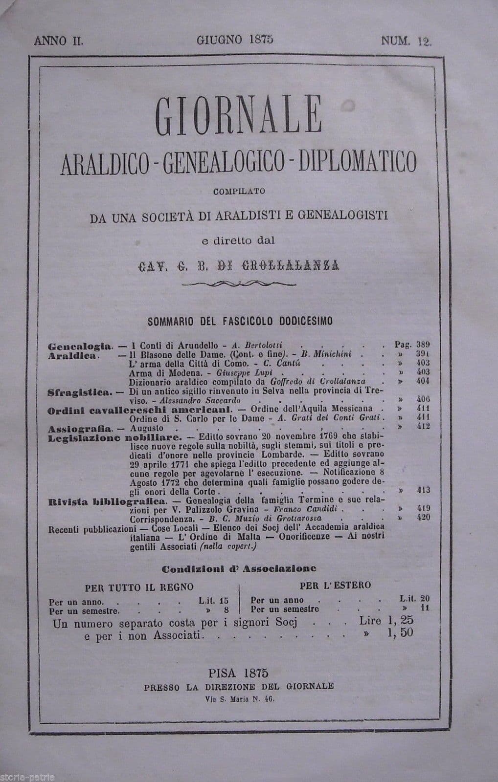 Giornale Araldico Genealogico Diplomatico 1875: Arundello, Como, Modena, Treviso