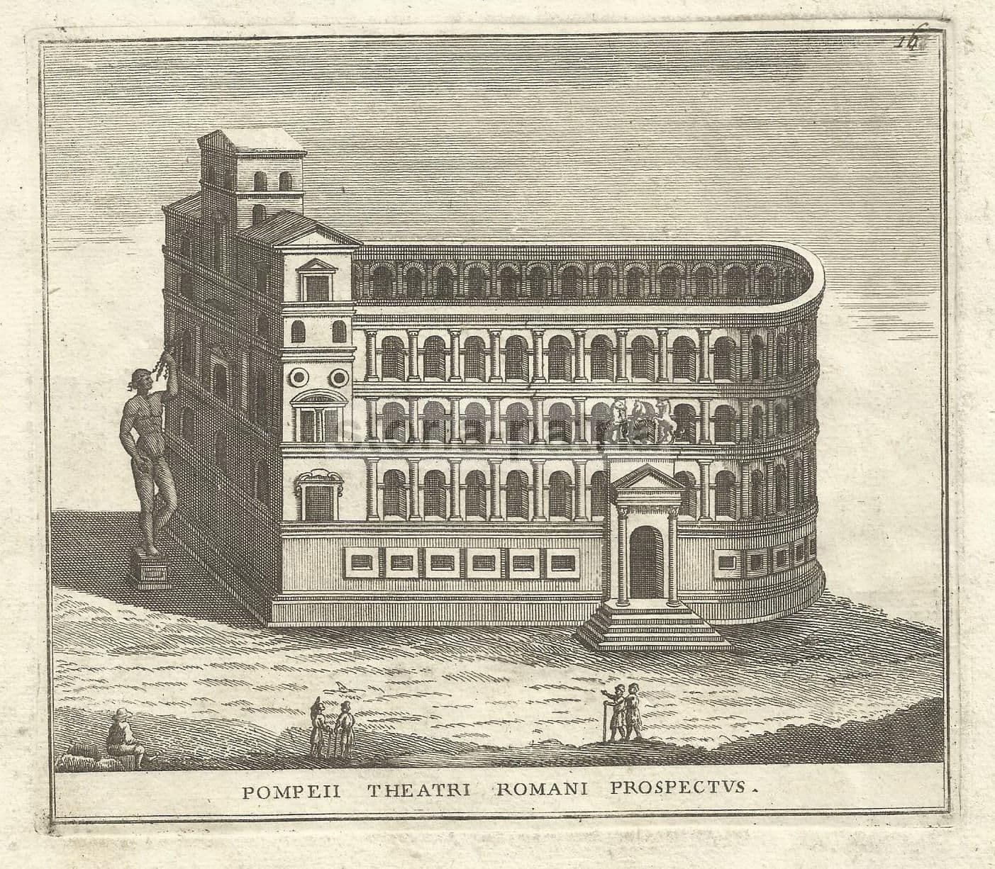 Antica Incisione: Anfiteatro Di Pompei, Architettura Romana. Acquaforte