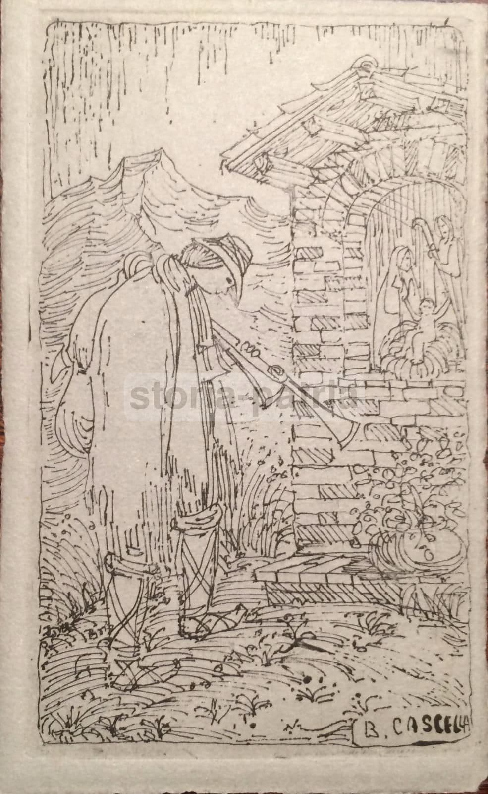 Incisione Basilio Cascella Zampognaro Natività Abruzzo '900
