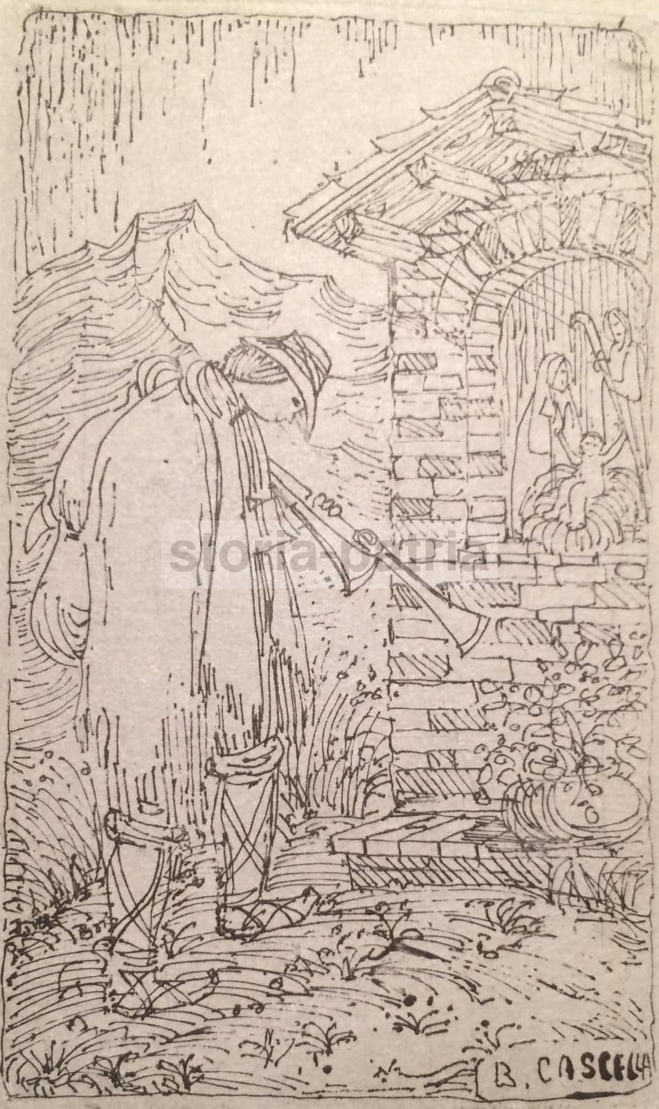 Incisione Basilio Cascella Zampognaro Natività Abruzzo '900