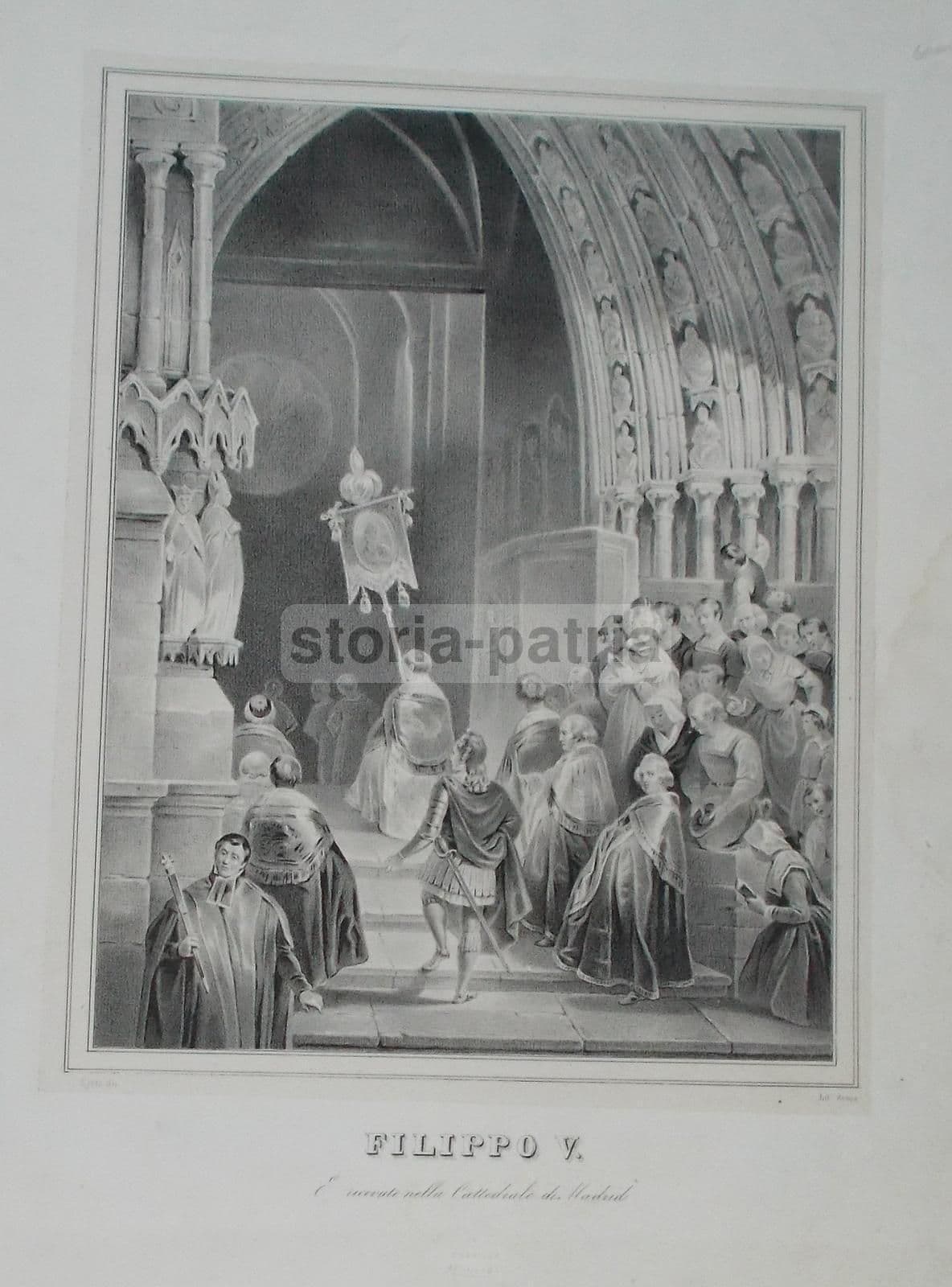 Litografia Filippo V Nella Cattedrale Di Madrid, Prota E Zezon, Napoli, Metà XIX Secolo