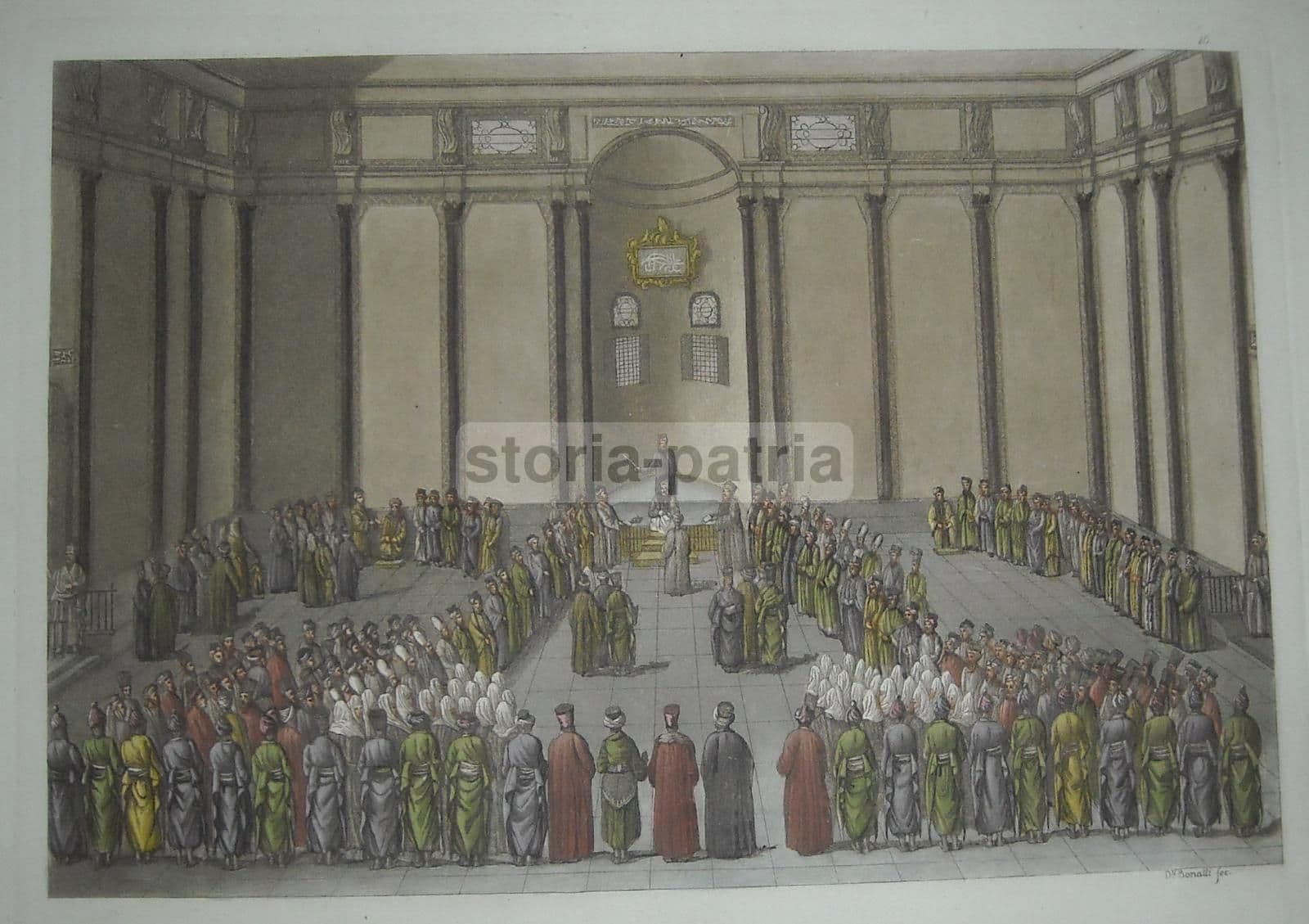 Incisione Colorata Di Bonatti, XIX Secolo, Tribunale Turco Con Gran Visir