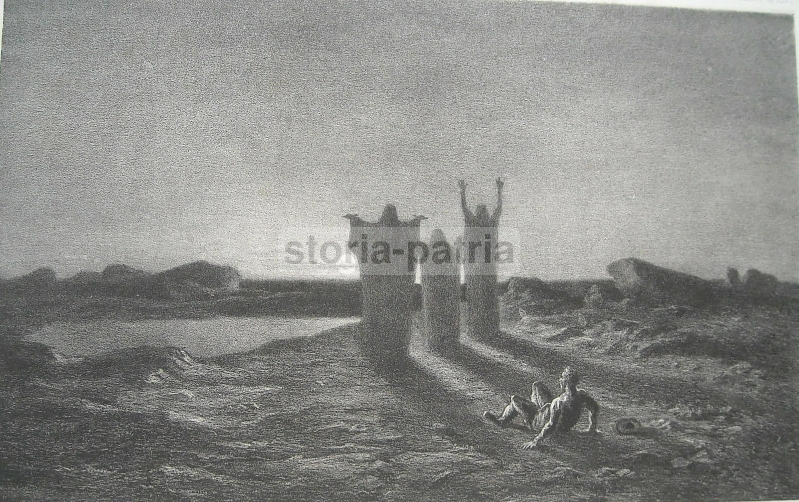 Litografia Antica Maurice Sand Vernier 1860 Les Trois Hommes De Pierre