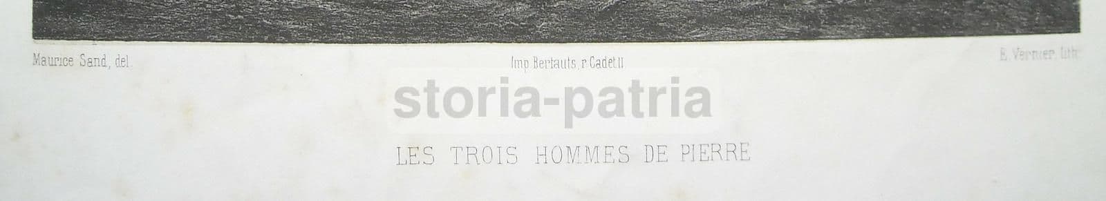 Litografia Antica Maurice Sand Vernier 1860 Les Trois Hommes De Pierre