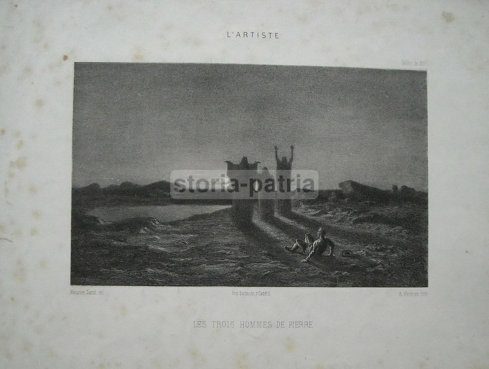 Litografia Antica Maurice Sand Vernier 1860 Les Trois Hommes De Pierre