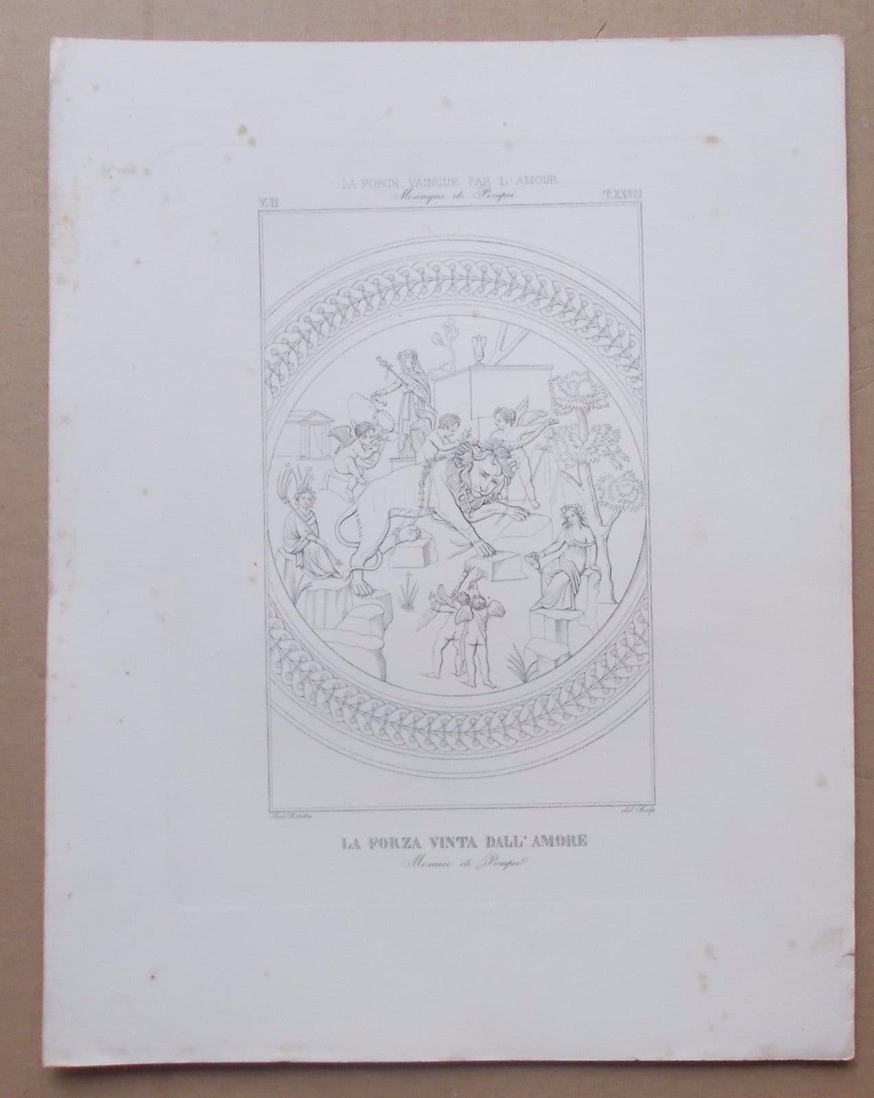Mosaico Pompeiano "La Forza Vinta Dall'Amore", Incisione Di Saverio Pistolesi, 1820 1840 Circa