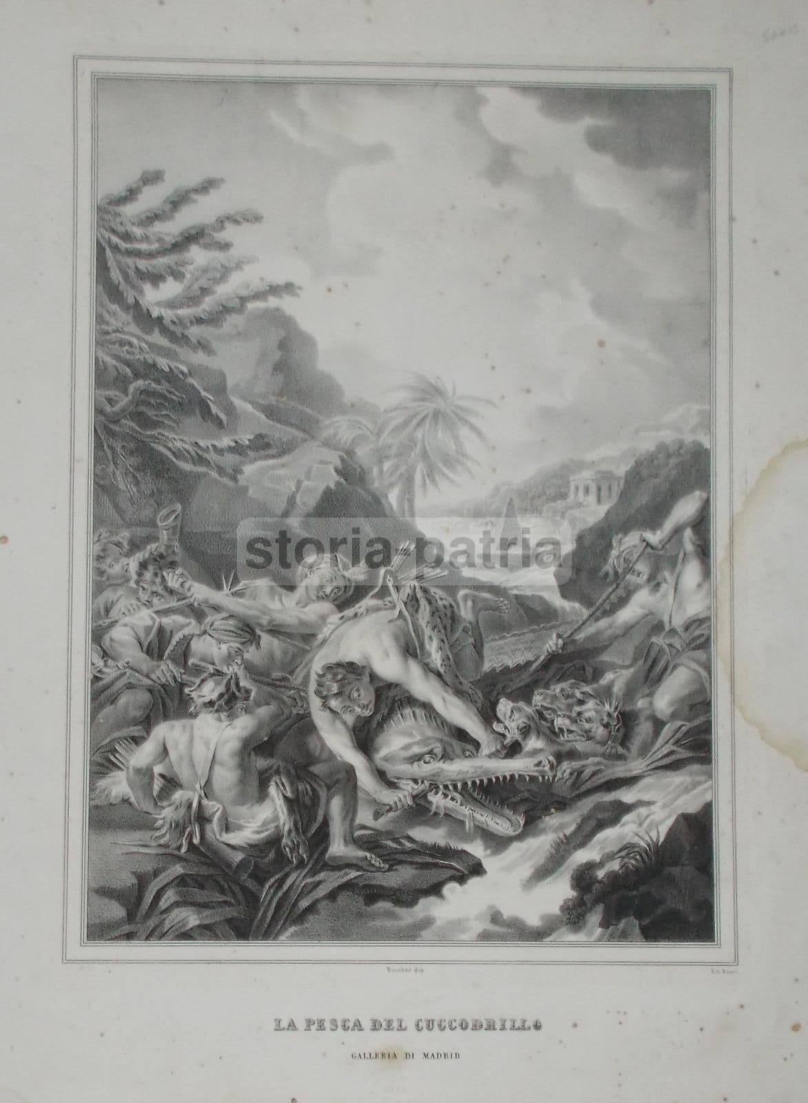 Litografia Di Boucher: Caccia Al Coccodrillo, Antonio Zezon, Napoli, XIX Secolo