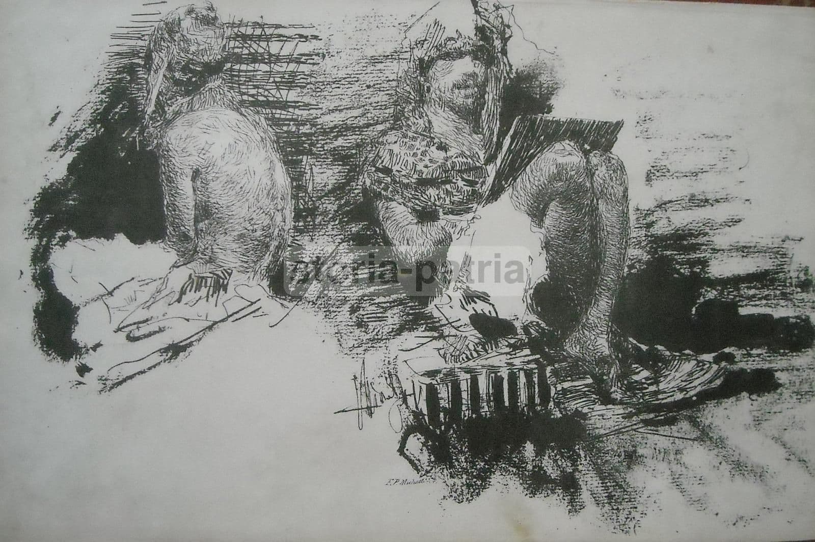 Stampa Antica Michetti, Schizzi Popolari Folklore Abruzzo, Fine '800