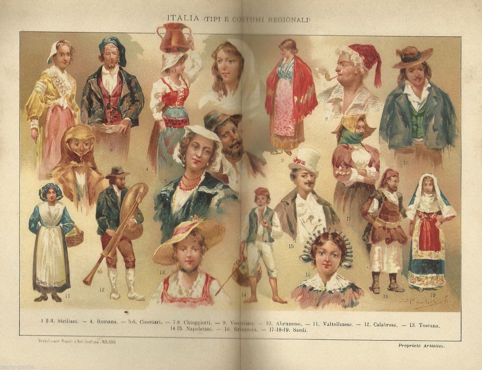 Stampa Antica Costumi Popolari Italiani Regioni d'Italia Paoletti