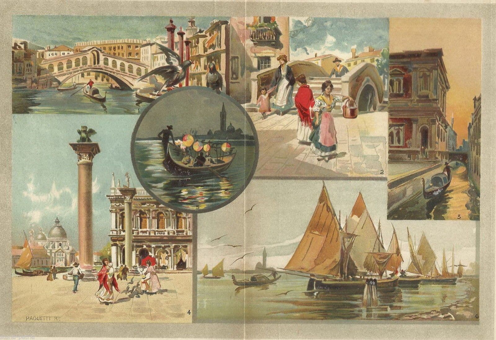 Stampa Antica Venezia: Rialto, Canal Grande E Bragozzi Di Rodolfo Paoletti