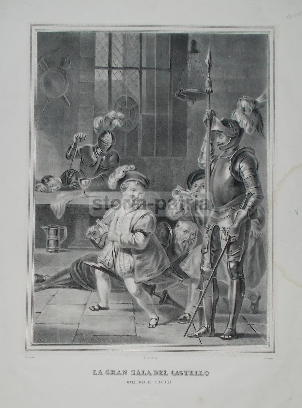 Litografia Antica Zezon Napoli: Gran Sala Del Castello, 1850 Circa