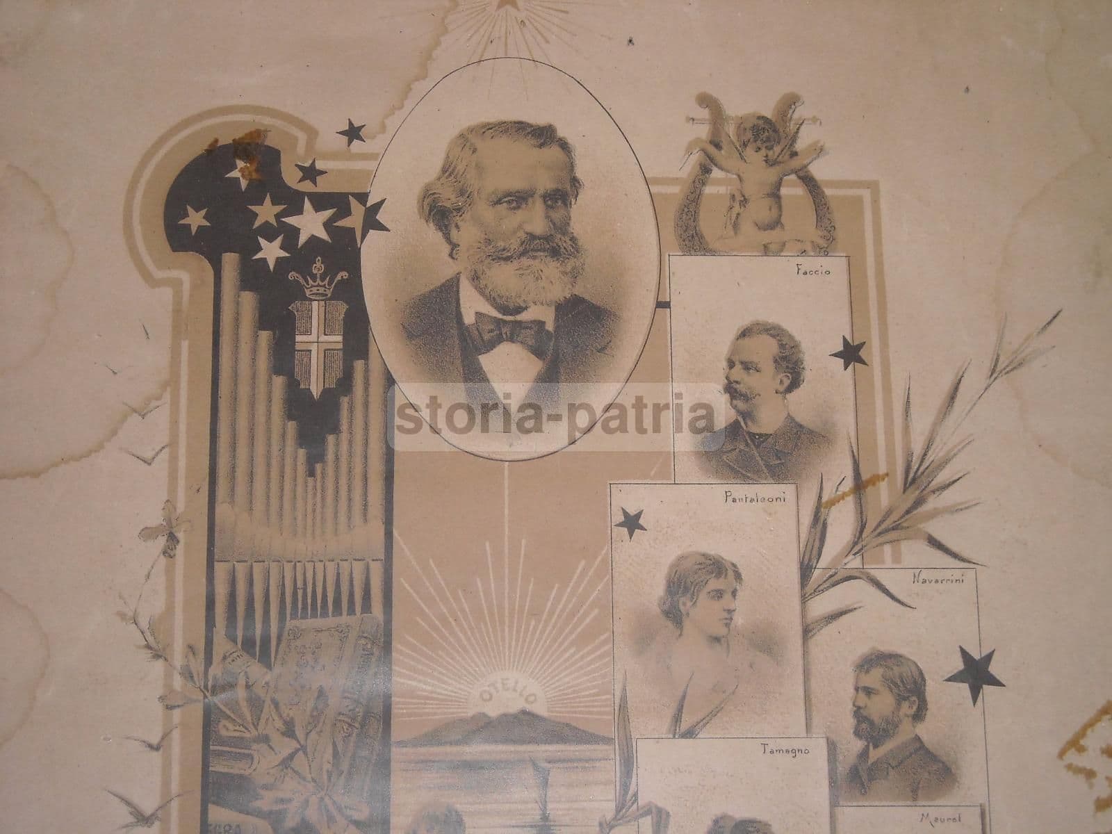 Stampa Antica Giuseppe Verdi Con Ritratti Di Faccio, Tamagno E Maurel, Fine '800