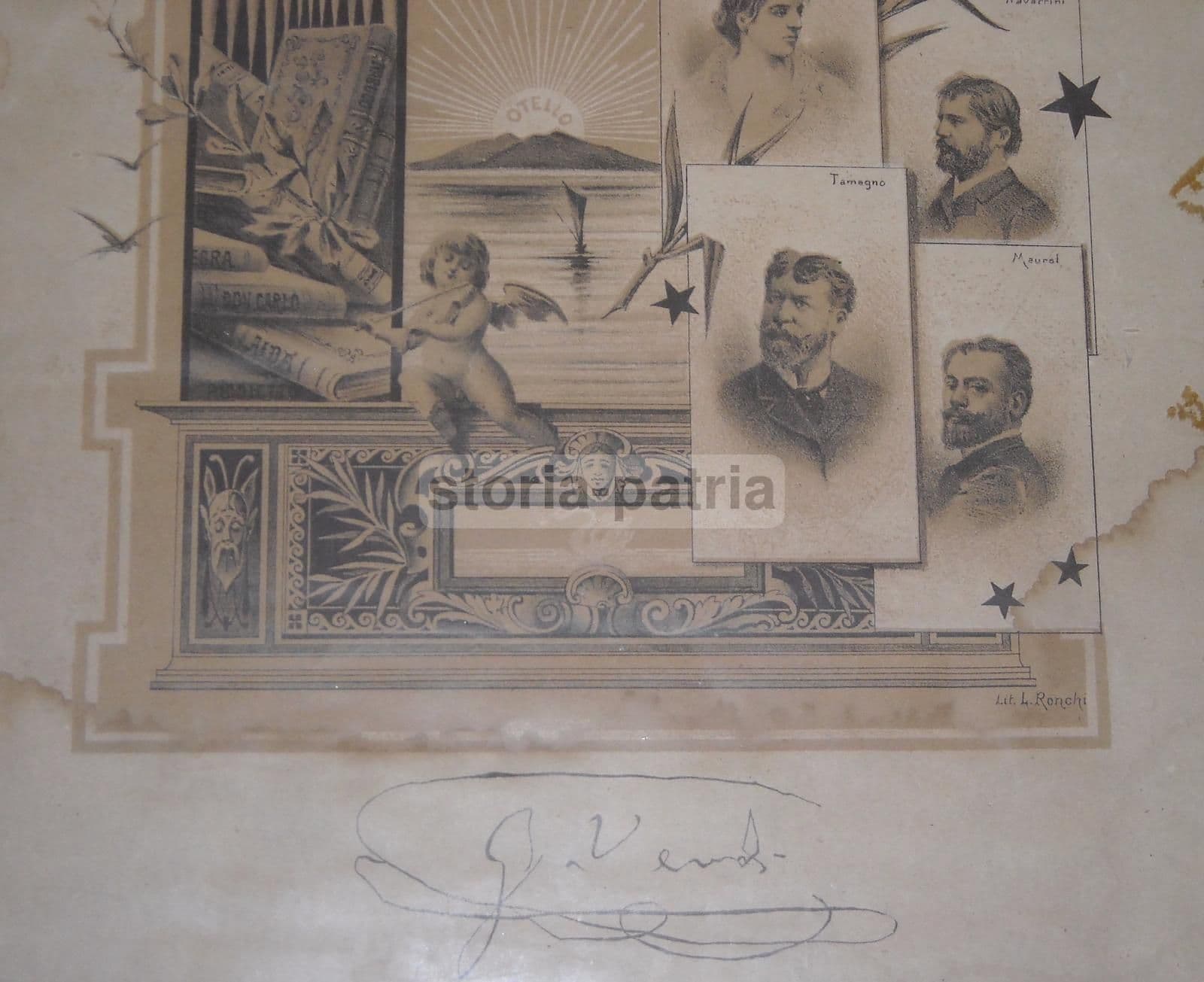 Stampa Antica Giuseppe Verdi Con Ritratti Di Faccio, Tamagno E Maurel, Fine '800