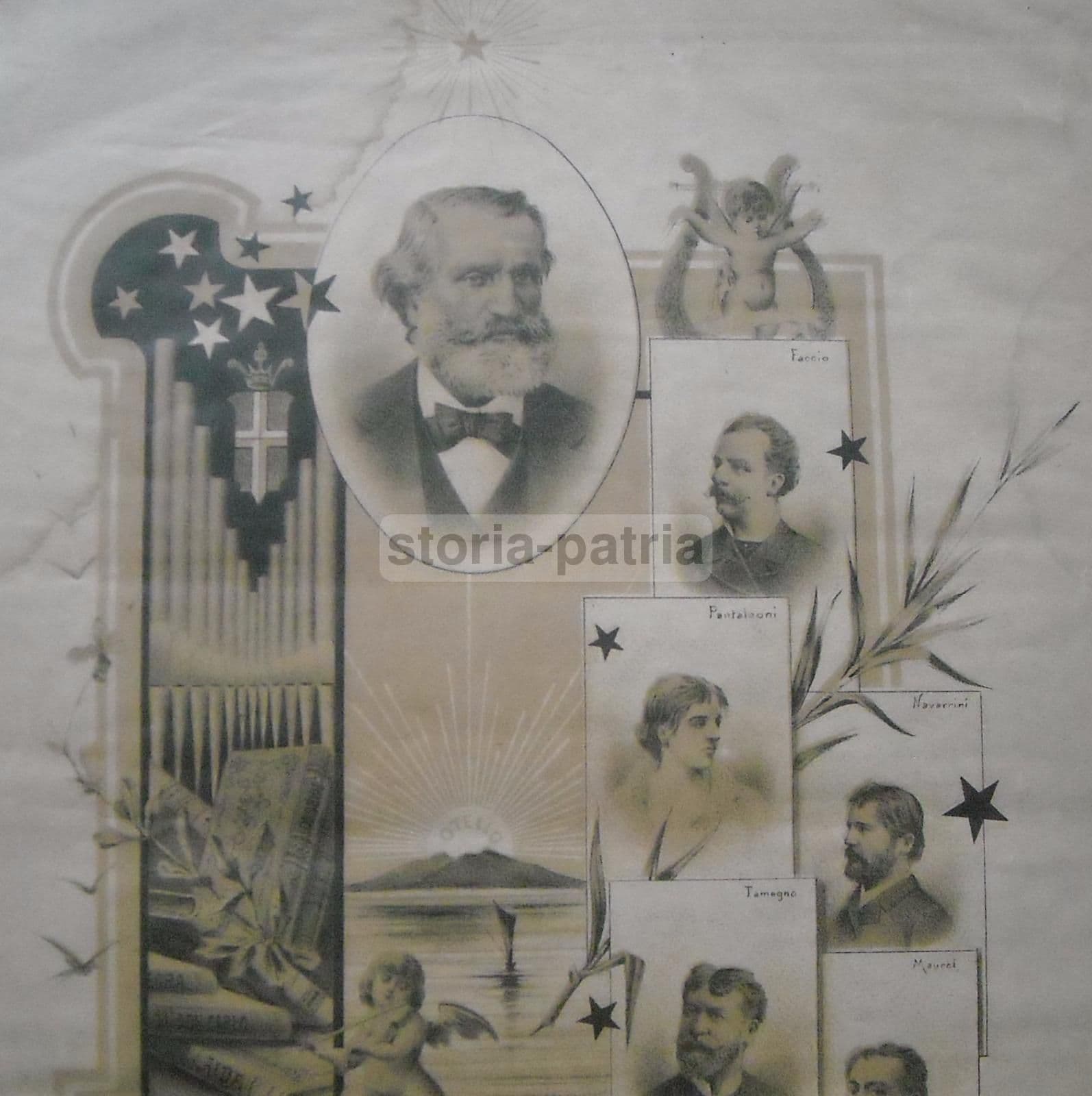 Stampa Antica Giuseppe Verdi Con Ritratti Di Faccio, Tamagno E Maurel, Fine '800