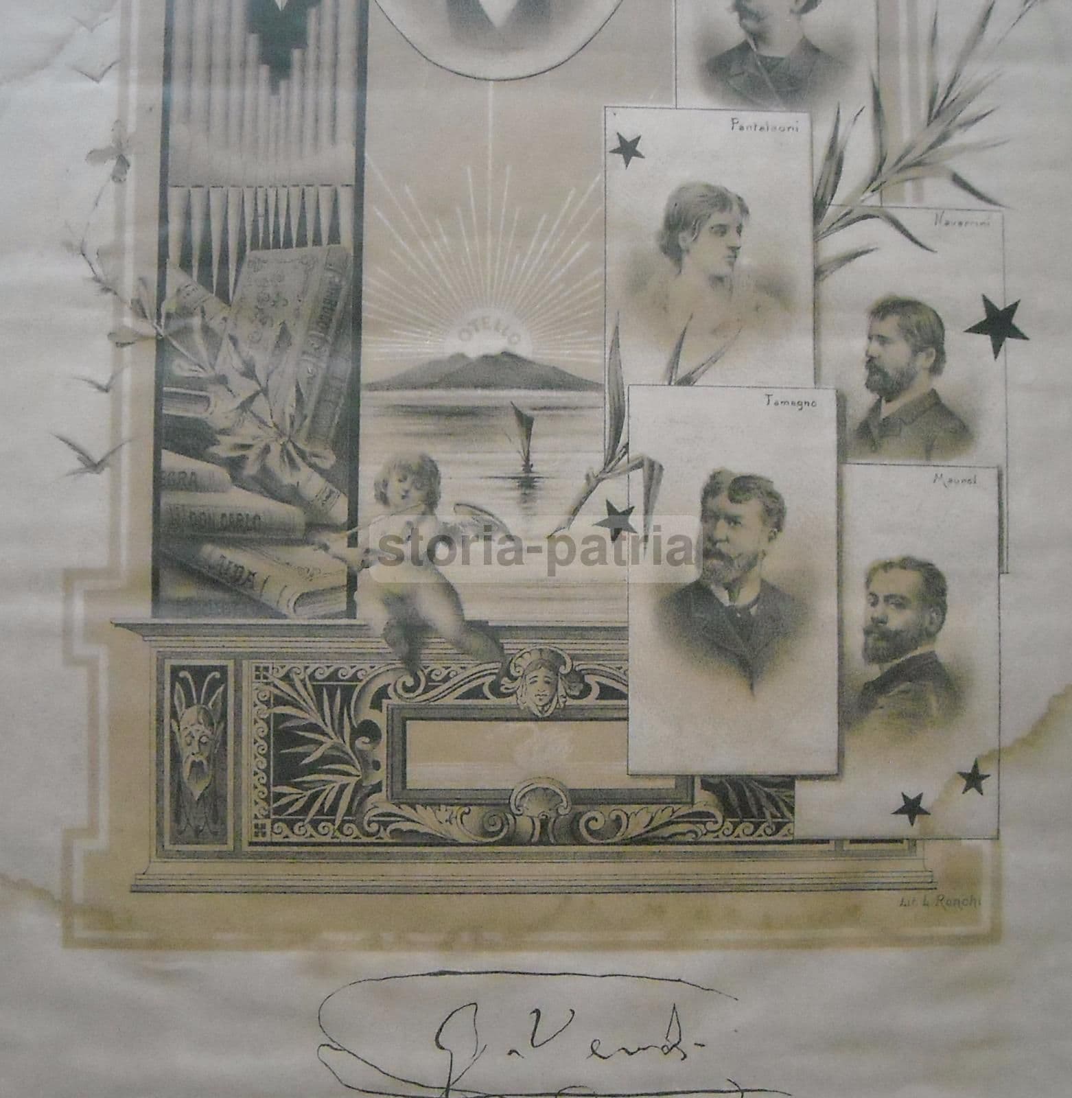 Stampa Antica Giuseppe Verdi Con Ritratti Di Faccio, Tamagno E Maurel, Fine '800