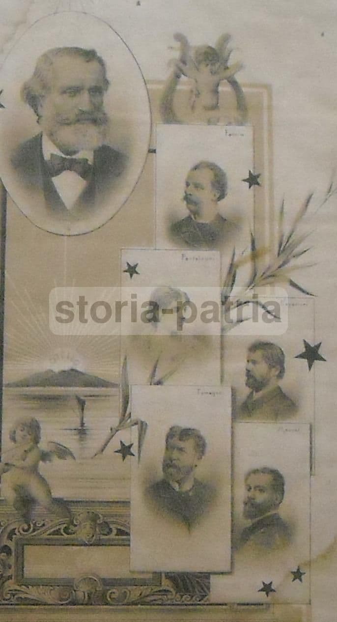 Stampa Antica Giuseppe Verdi Con Ritratti Di Faccio, Tamagno E Maurel, Fine '800