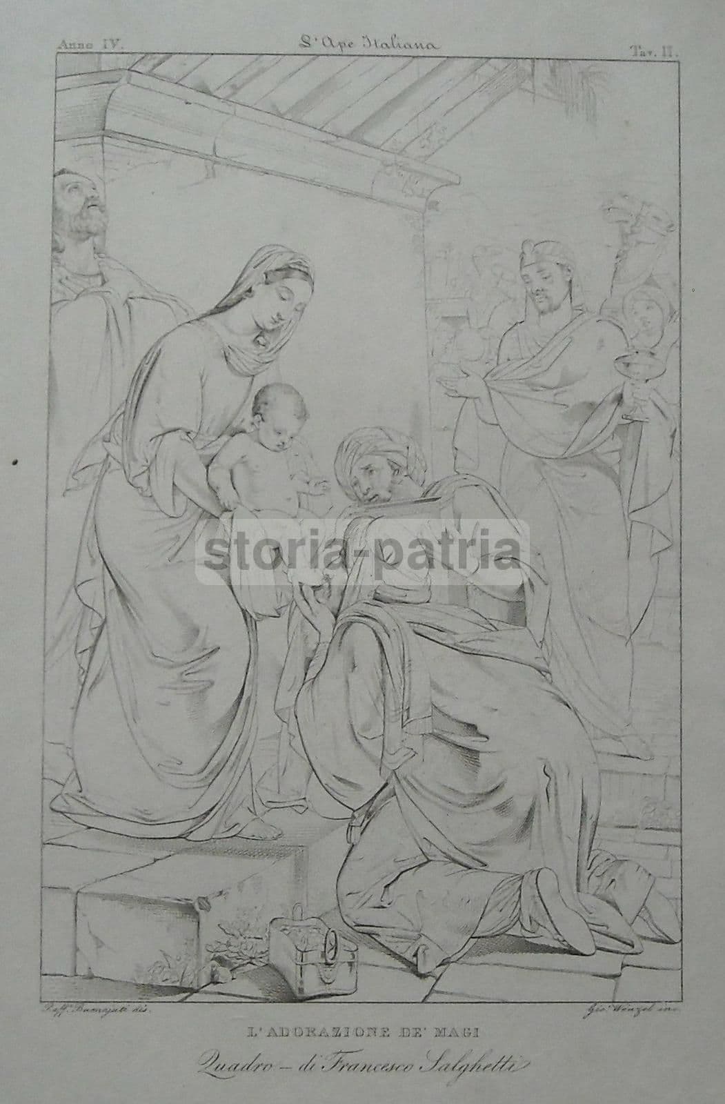 Adorazione Dei Magi: Incisione Originale Di G. Wenzel E Raffaele Buonaiuti (XIX Secolo)