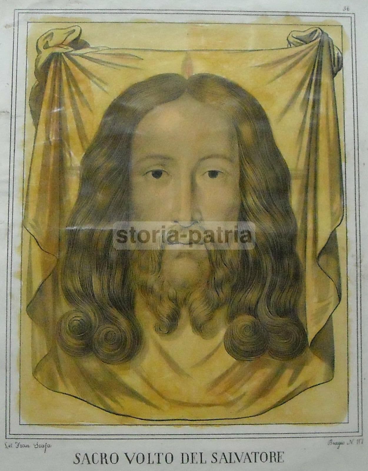 Stampa Devozionale Sacro Volto Di Cristo, Litografia Scafa, 1850 Circa