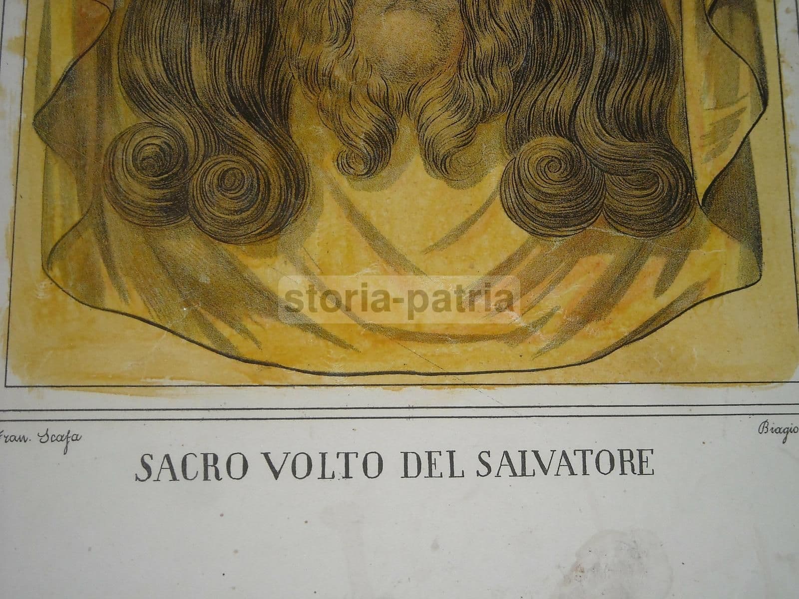 Stampa Devozionale Sacro Volto Di Cristo, Litografia Scafa, 1850 Circa