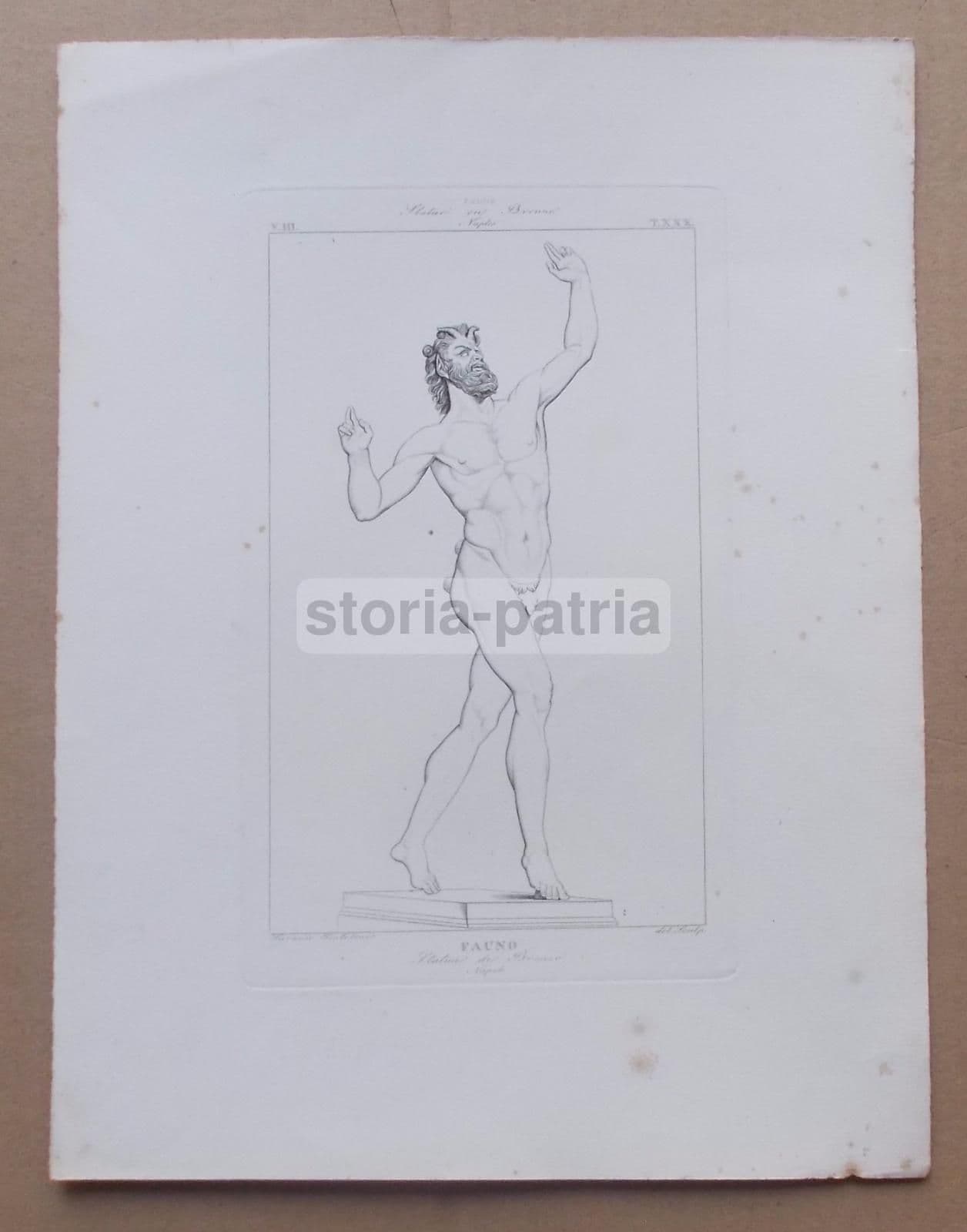 Stampa Antica: Fauno, Statua Di Bronzo (Napoli). Incisione Di Saverio Pistolesi, 1820 1840.