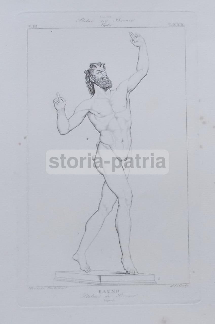 Stampa Antica: Fauno, Statua Di Bronzo (Napoli). Incisione Di Saverio Pistolesi, 1820 1840.