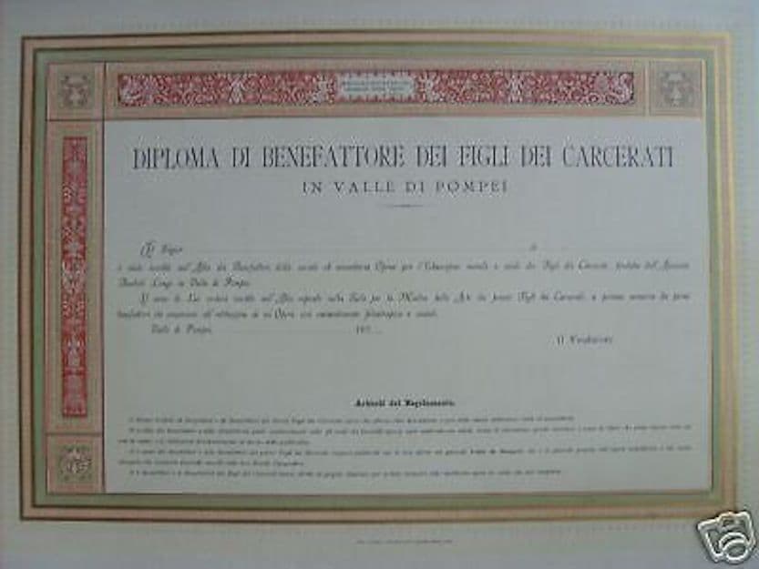 Diploma Di Benefattore Dei Figli Dei Carcerati, Valle Di Pompei, Fine XIX Secolo