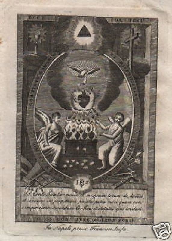 Incisione Antica Del Sacro Cuore Di Gesù, Francesco Scafa, Napoli