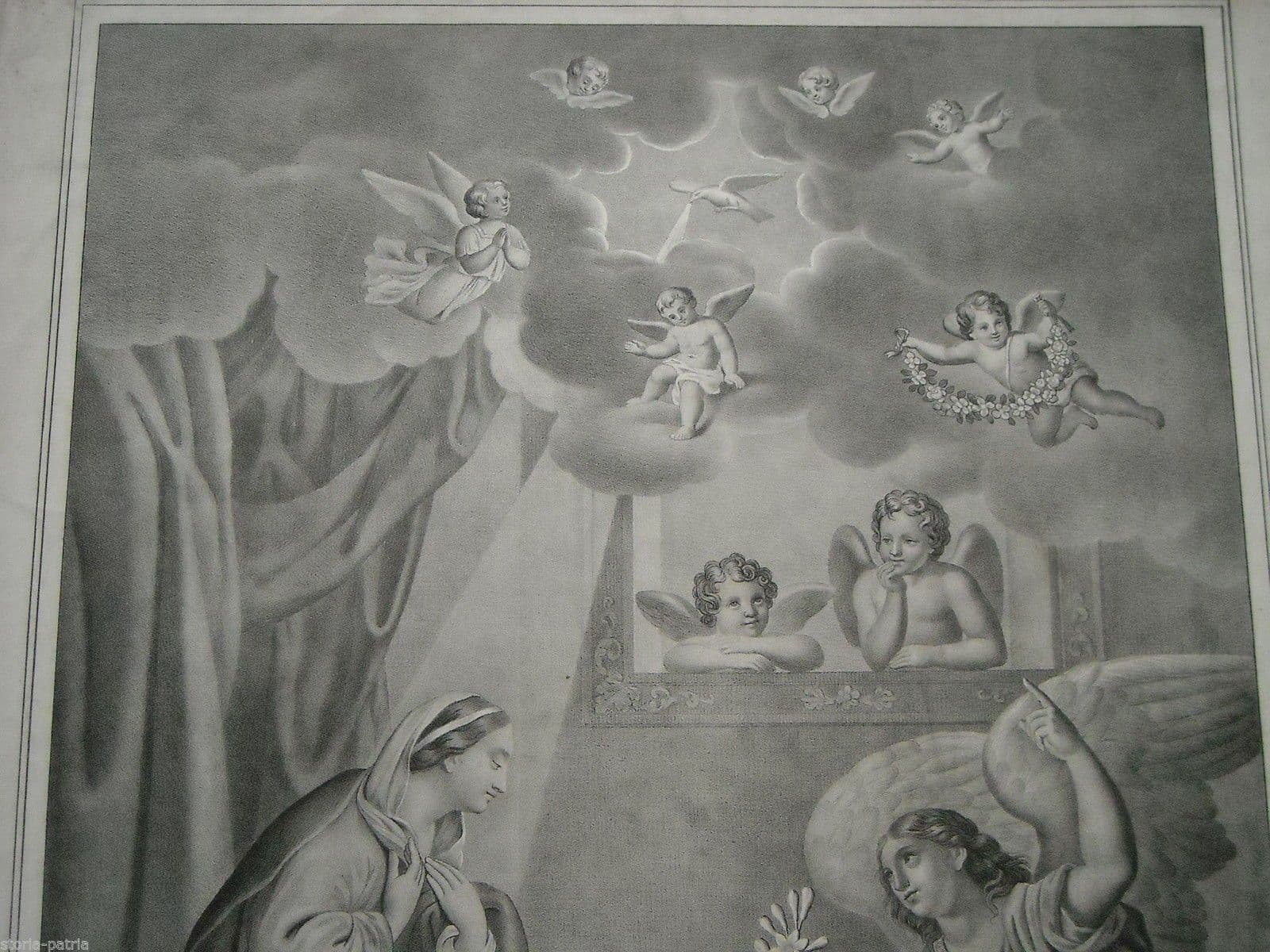 Stampa Litografica Annunciazione Angelo E Madonna, Napoli, XIX Secolo