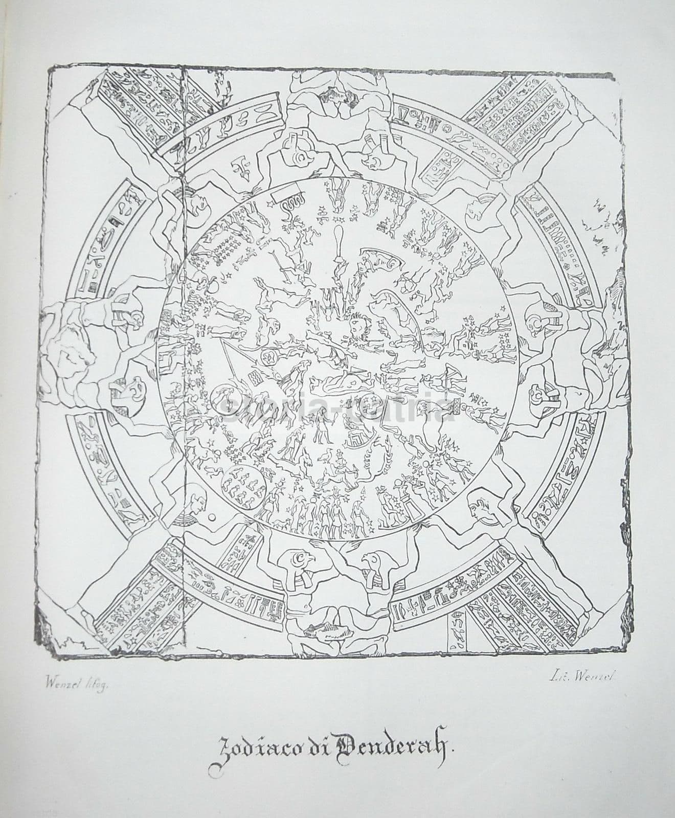 Zodiaco Di Denderah. Litografia Wenzel, 1840 Circa. Antica Stampa Napoletana.