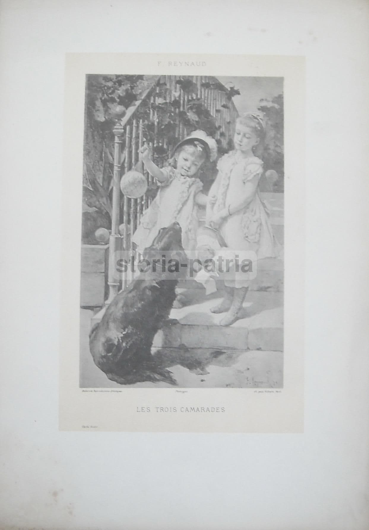 Stampa Antica F. Reynaud: Les Trois Camarades (Bambine E Cane), 1900 Circa