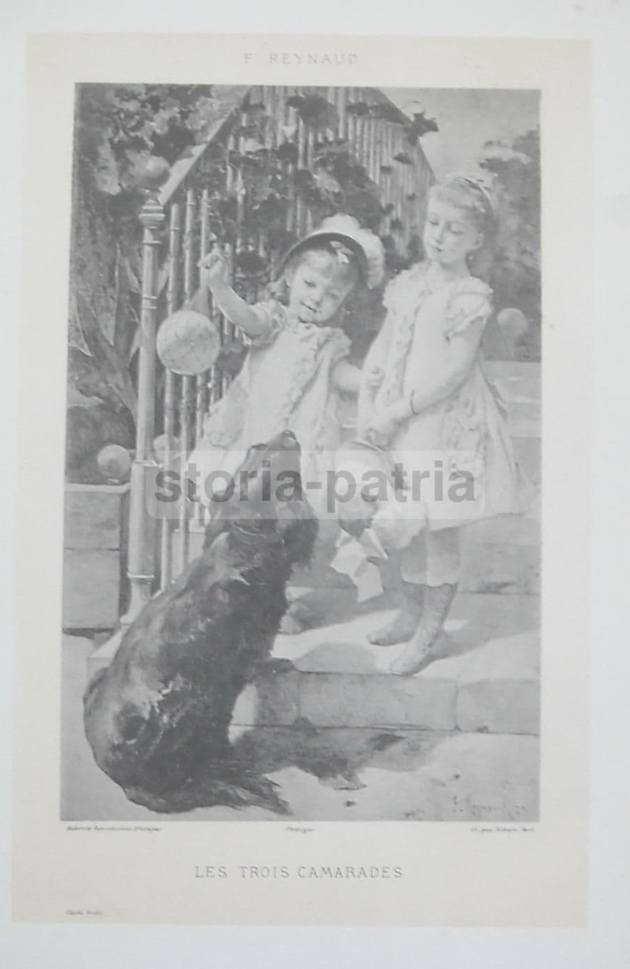 Stampa Antica F. Reynaud: Les Trois Camarades (Bambine E Cane), 1900 Circa