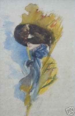 Dipinto Liberty Con Dama Bendata, Acquerello Del Primo '900 Attribuito A Pietro Scoppetta