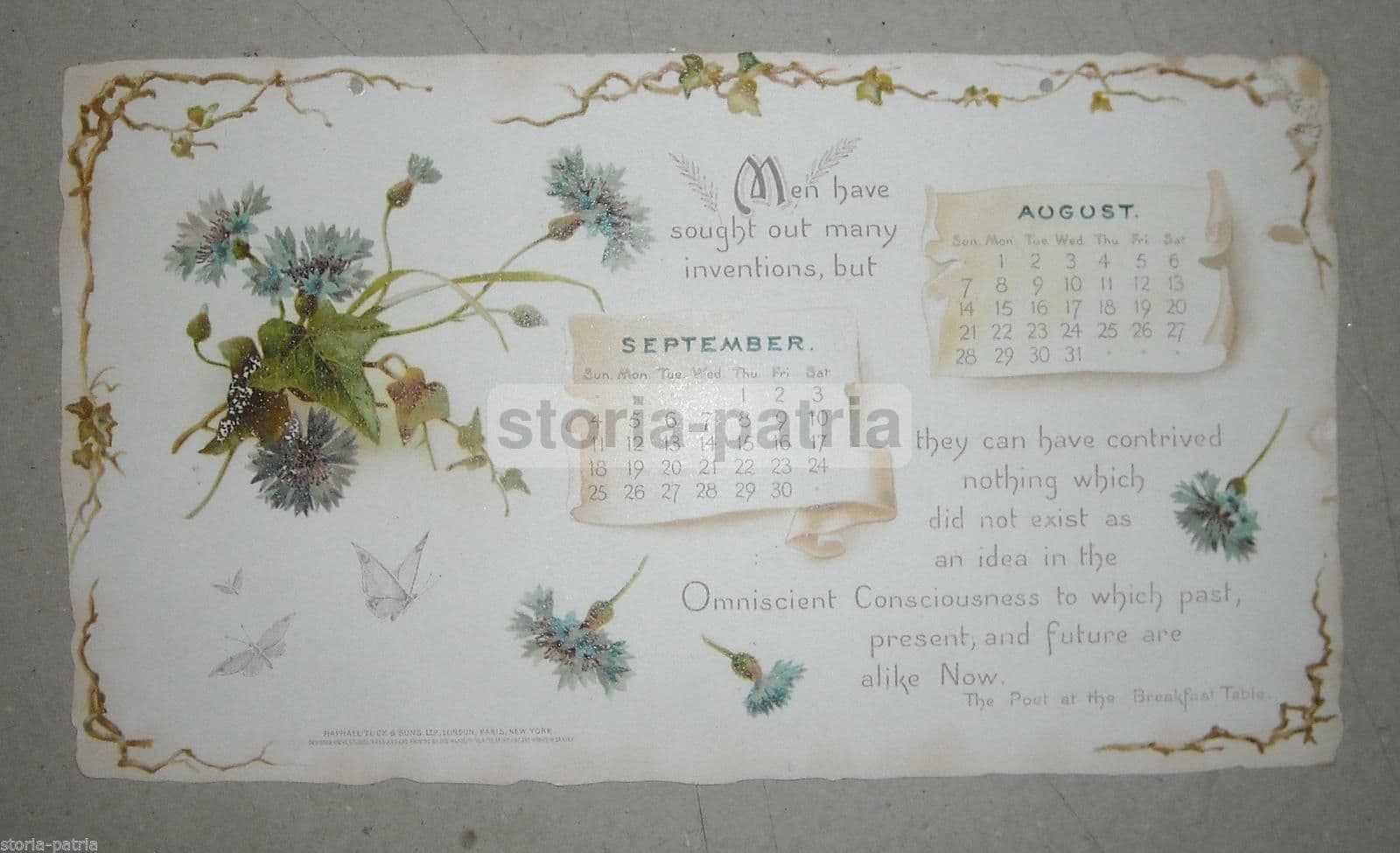 Calendario Agosto Settembre 1898: Stampa Antica Floreale In Cromolitografia