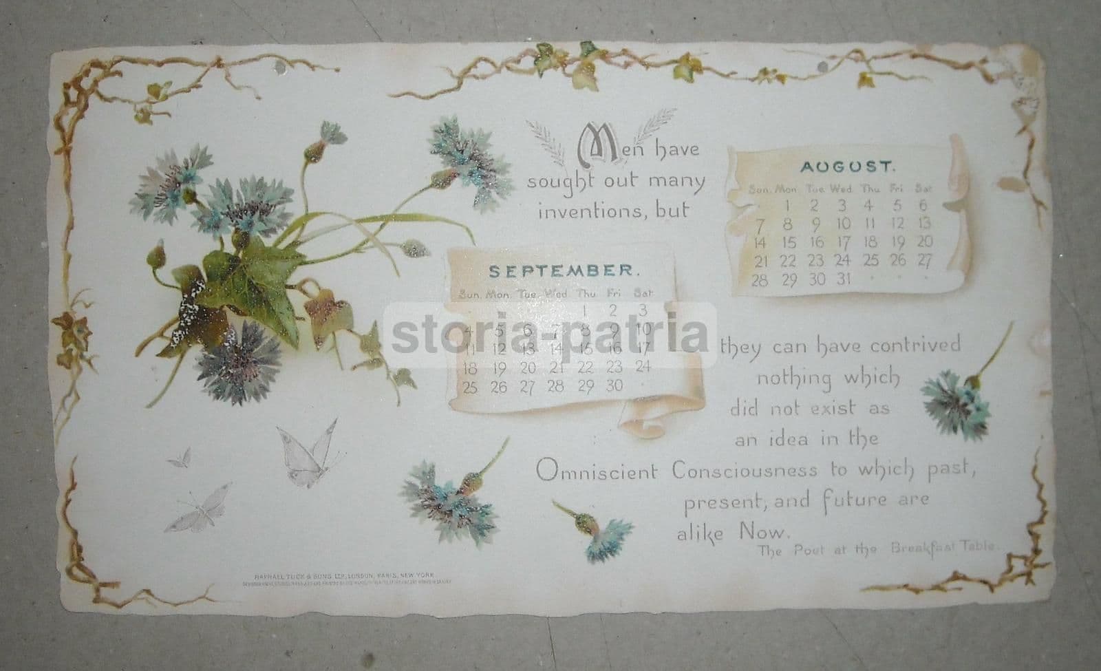 Calendario Agosto Settembre 1898: Stampa Antica Floreale In Cromolitografia