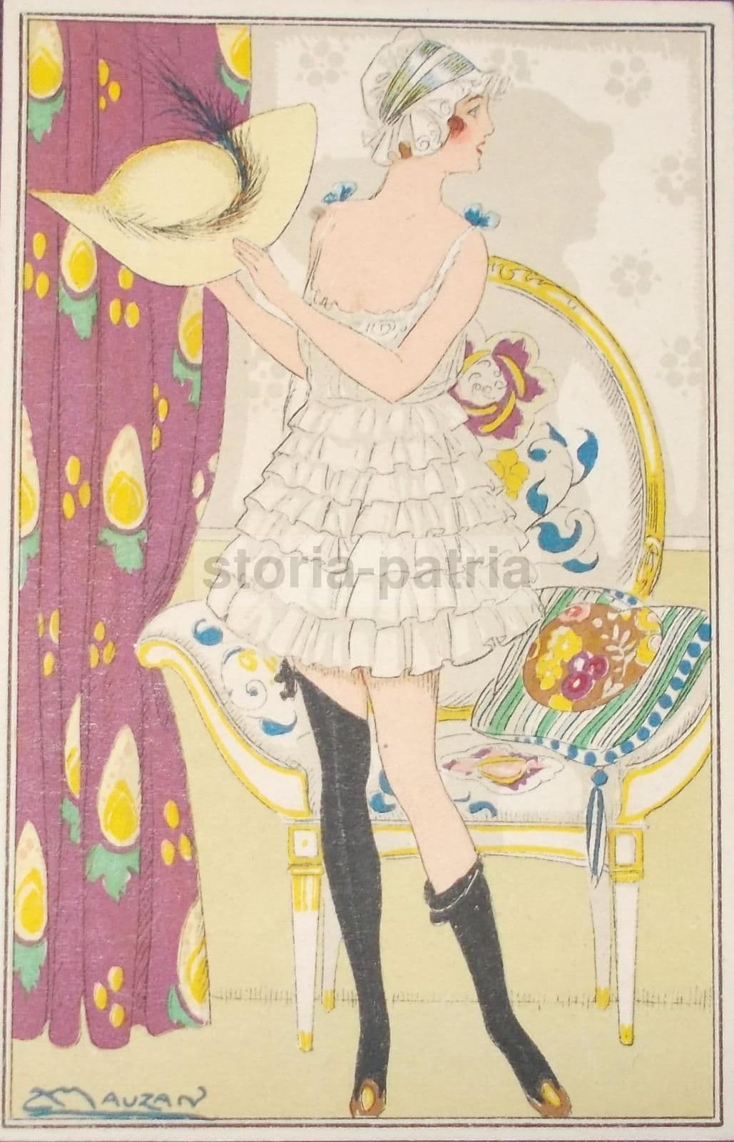 Cartolina d'Epoca Mauzan, Figura Femminile Liberty, Tecnica Pochoir, 1900 Circa